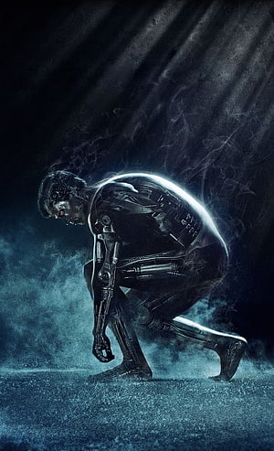 The Terminator Endoskeleton Crouching in Dark Misty Atmosphere HD phone wallpaper