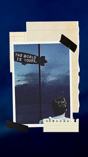 The World Is Yours Street Sign Collage with Vintage Photo and Dark Blue Background HD phone wallpaper
