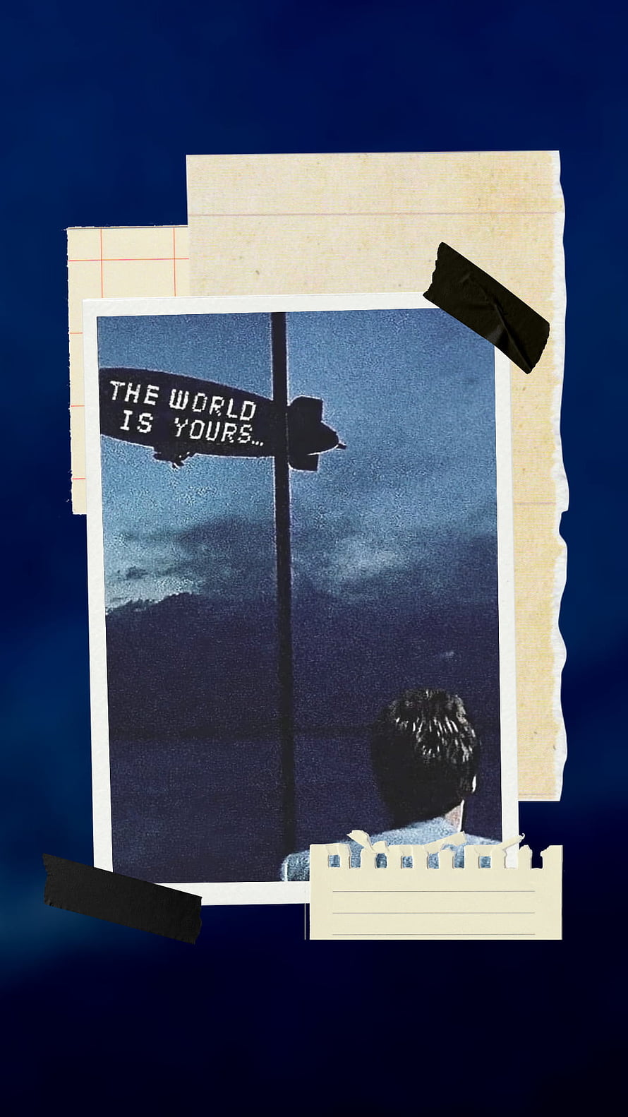 The World Is Yours Street Sign Collage with Vintage Photo and Dark Blue Background HD phone wallpaper
