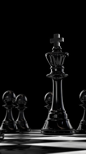 Glossy Black Chess King and Pawns on a Reflective Checkered Board HD phone wallpaper