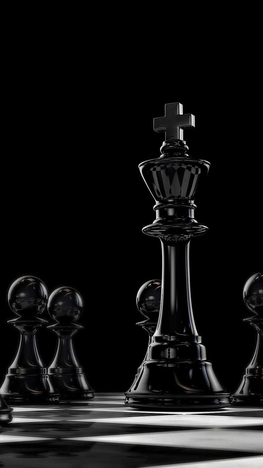 Glossy Black Chess King and Pawns on a Reflective Checkered Board HD phone wallpaper