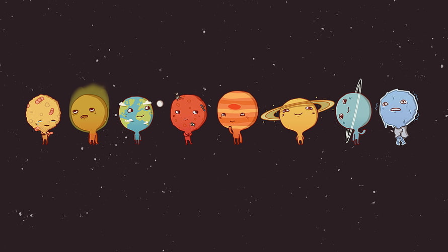 Cute Cartoon Solar System Planets with Faces in Space HD wallpaper