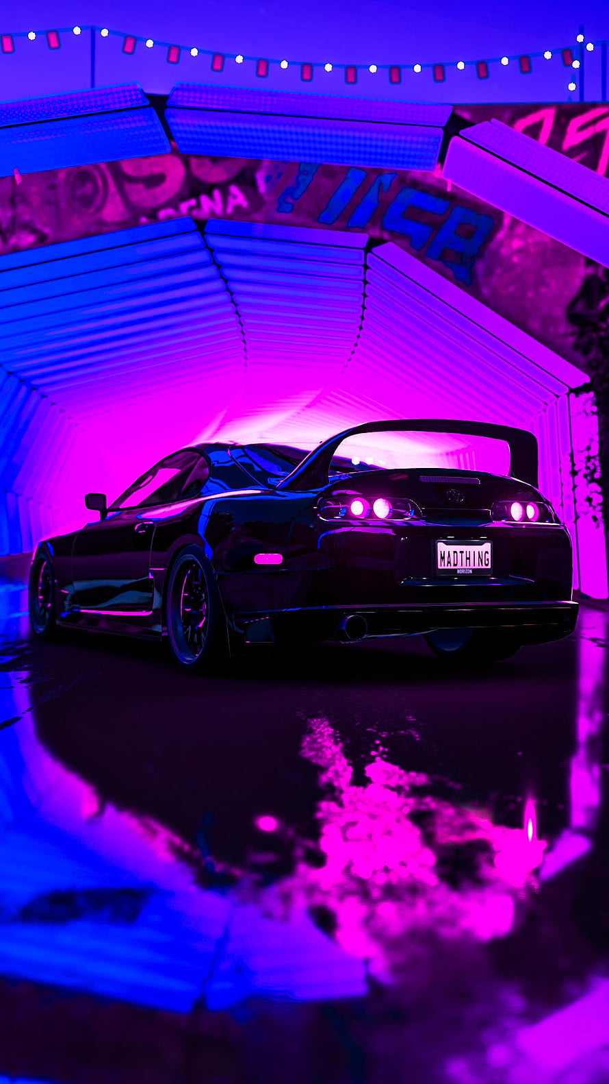 Black Toyota Supra MK4 in Neon Purple and Blue Garage with Wet Floor Reflection HD phone wallpaper