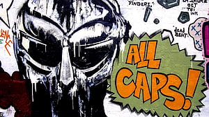Mf Doom All Caps Album Cover Artwork with Graffiti Style Mask and Street Art Typography HD wallpaper