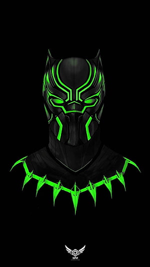 Black Panther Futuristic Mask with Neon Green Accents on Black Background HD phone wallpaper