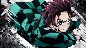 Tanjirou Kamado from Demon Slayer in dynamic action pose with green checkered haori and katana HD wallpaper
