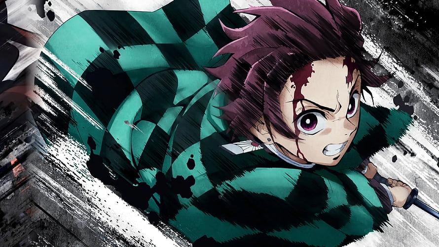 Tanjirou Kamado from Demon Slayer in dynamic action pose with green checkered haori and katana HD wallpaper