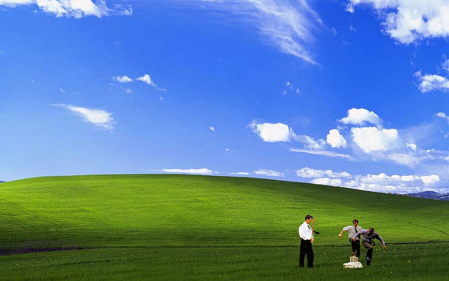 Windows XP Bliss Desktop Wallpaper with Three People in Green Meadow HD wallpaper