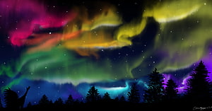 Vibrant Aurora Borealis Over Silhouetted Forest With Shaman Figure Under Starry Night Sky HD wallpaper