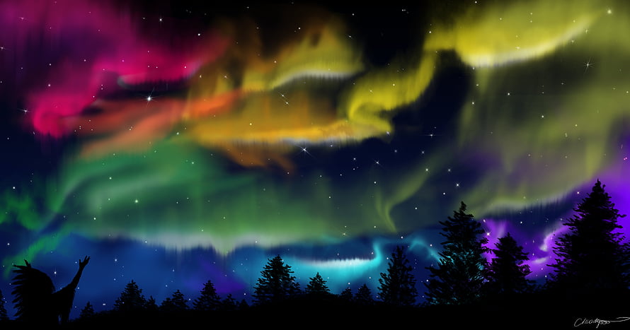 Vibrant Aurora Borealis Over Silhouetted Forest With Shaman Figure Under Starry Night Sky HD wallpaper