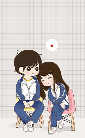 Cute Anime Couple in School Uniforms Sitting Together with Heart Bubble HD phone wallpaper