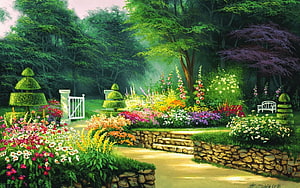 Lush Topiary Garden Scene with Vibrant Flowers and Stone Path HD wallpaper