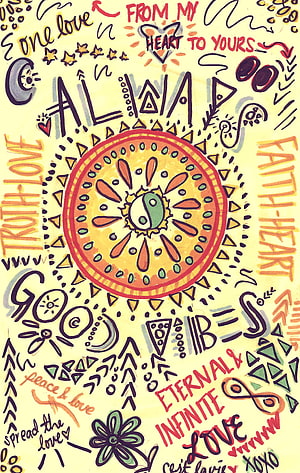 Hand-drawn hippie doodle art with yin yang mandala and positive affirmations HD phone wallpaper
