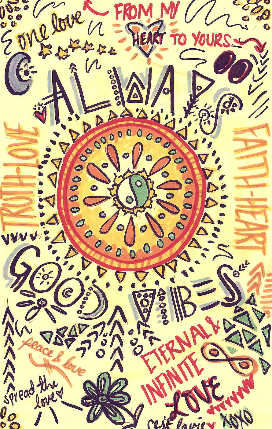 Hand-drawn hippie doodle art with yin yang mandala and positive affirmations HD phone wallpaper