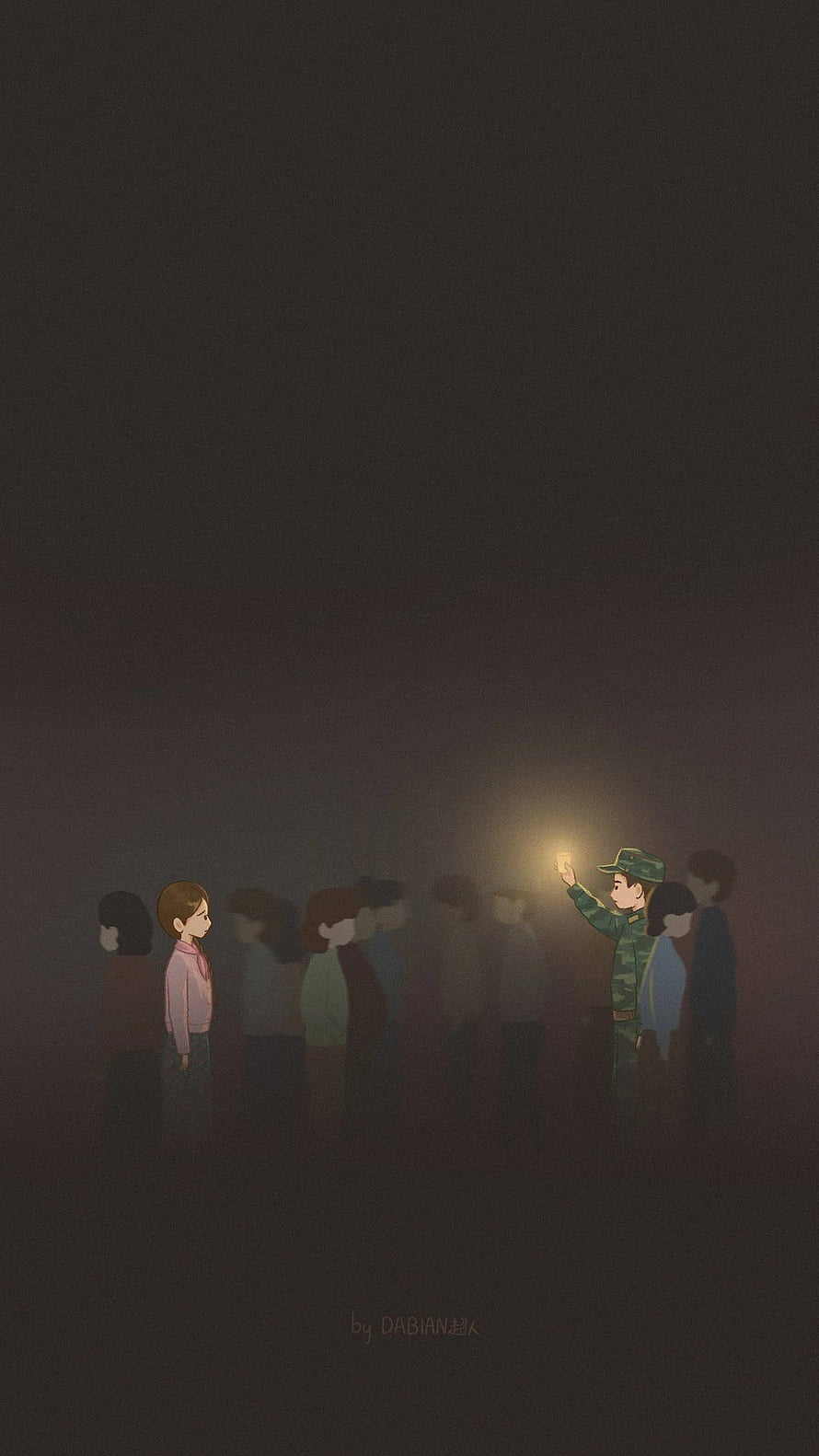 Soldier Holding Light in Dark Crowd Illustration HD phone wallpaper