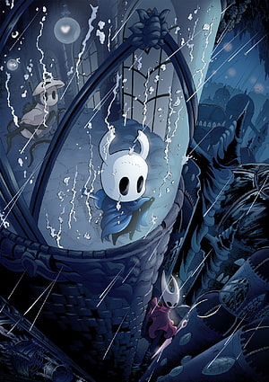 Hollow Knight Rainy Night Scene Featuring Hornet and Quirrel in the City of Tears HD phone wallpaper