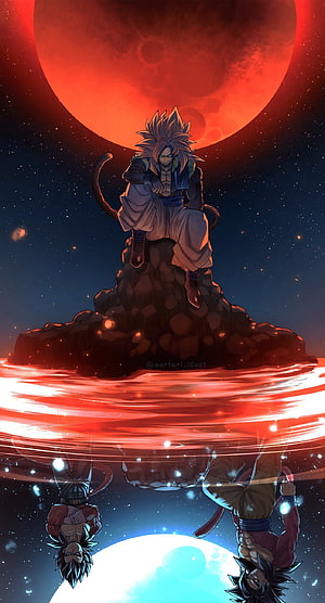 Super Saiyan 4 Gogeta Sitting on Floating Rock Under a Blood Moon in Dragon Ball Fan Art HD phone wallpaper
