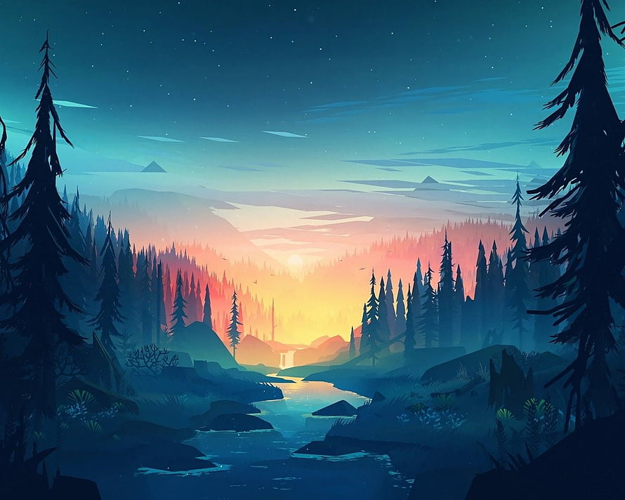 Stylized Digital Illustration of a Serene Forest River at Sunset with Pine Trees and Mountains HD wallpaper