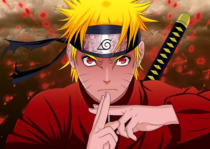 Naruto Uzumaki in Sage Mode with Sharingan Eyes and Katana HD wallpaper