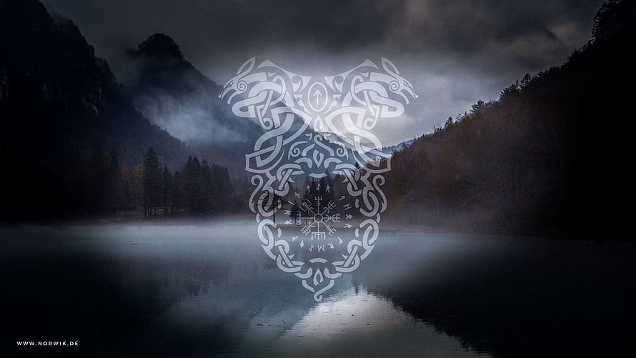 Vegvisir Norse Rune Symbol Over Misty Mountain Lake at Dusk HD wallpaper