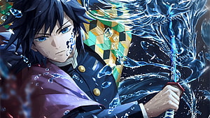 Giyuu Tomioka Wielding Water Breathing Sword in Demon Slayer Kimetsu no Yaiba HD wallpaper