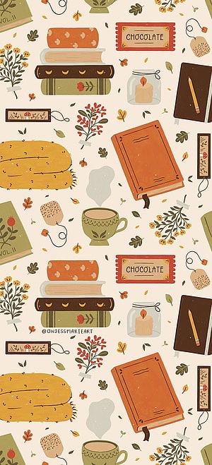Cozy Autumn Reading Pattern with Books, Tea, and Floral Elements HD phone wallpaper