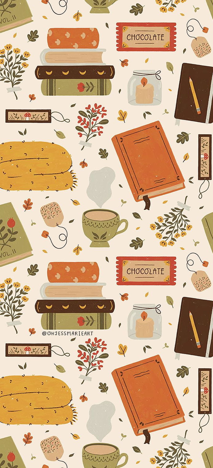 Cozy Autumn Reading Pattern with Books, Tea, and Floral Elements HD phone wallpaper