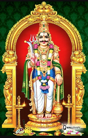 Karuppasamy Hindu Deity Illustration with Trishula and Golden Temple Arch HD phone wallpaper