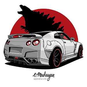 Nissan GT-R and Godzilla Silhouette Vector Art with Red Sun Background HD phone wallpaper