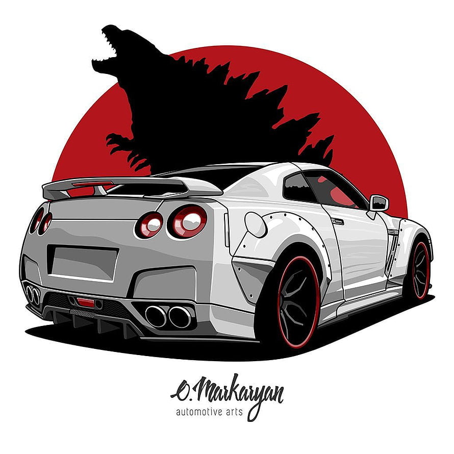 Nissan GT-R and Godzilla Silhouette Vector Art with Red Sun Background HD phone wallpaper