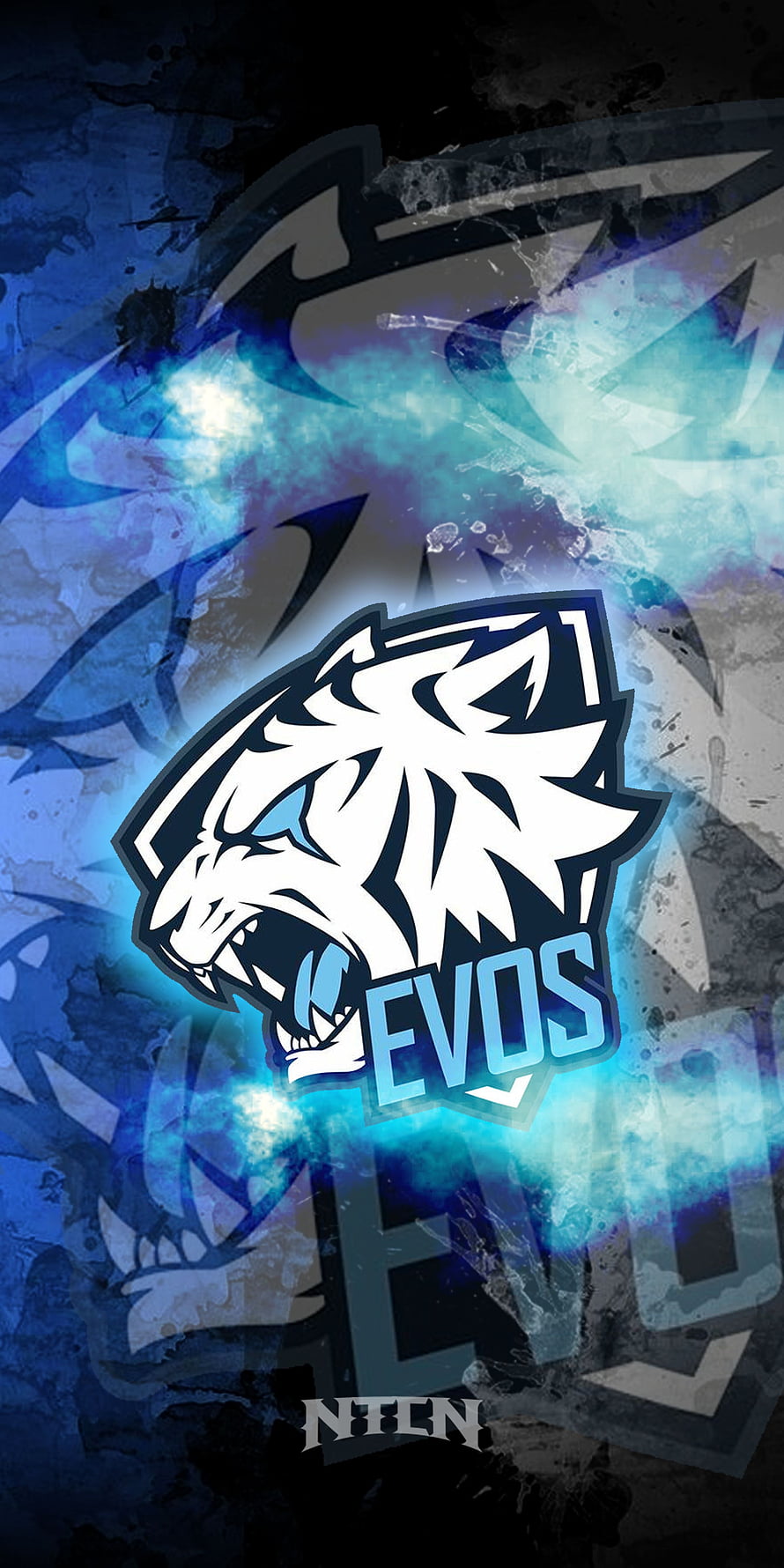 EVOS Esports Logo with Fierce Tiger Mascot and Blue Neon Glow on Dark Grunge Background HD phone wallpaper