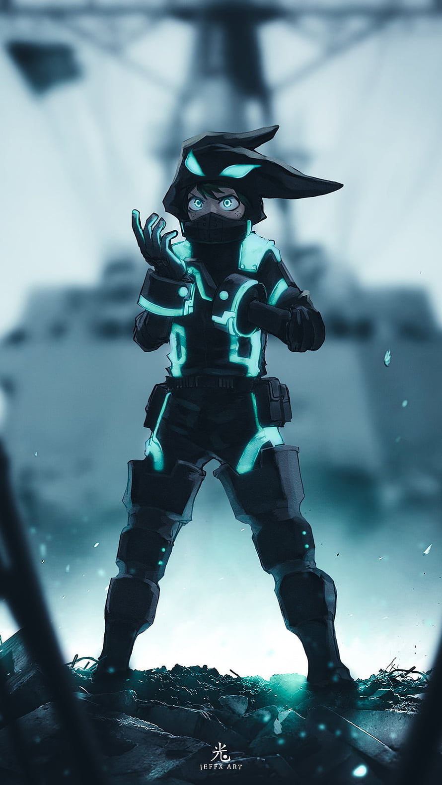 Izuku Midoriya in Dark Tactical Suit with Glowing Cyan Accents HD phone wallpaper