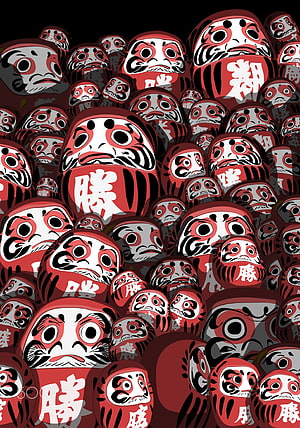 Daruma Dolls Japanese Folk Art Illustration with Red and Black Kanji Characters HD phone wallpaper