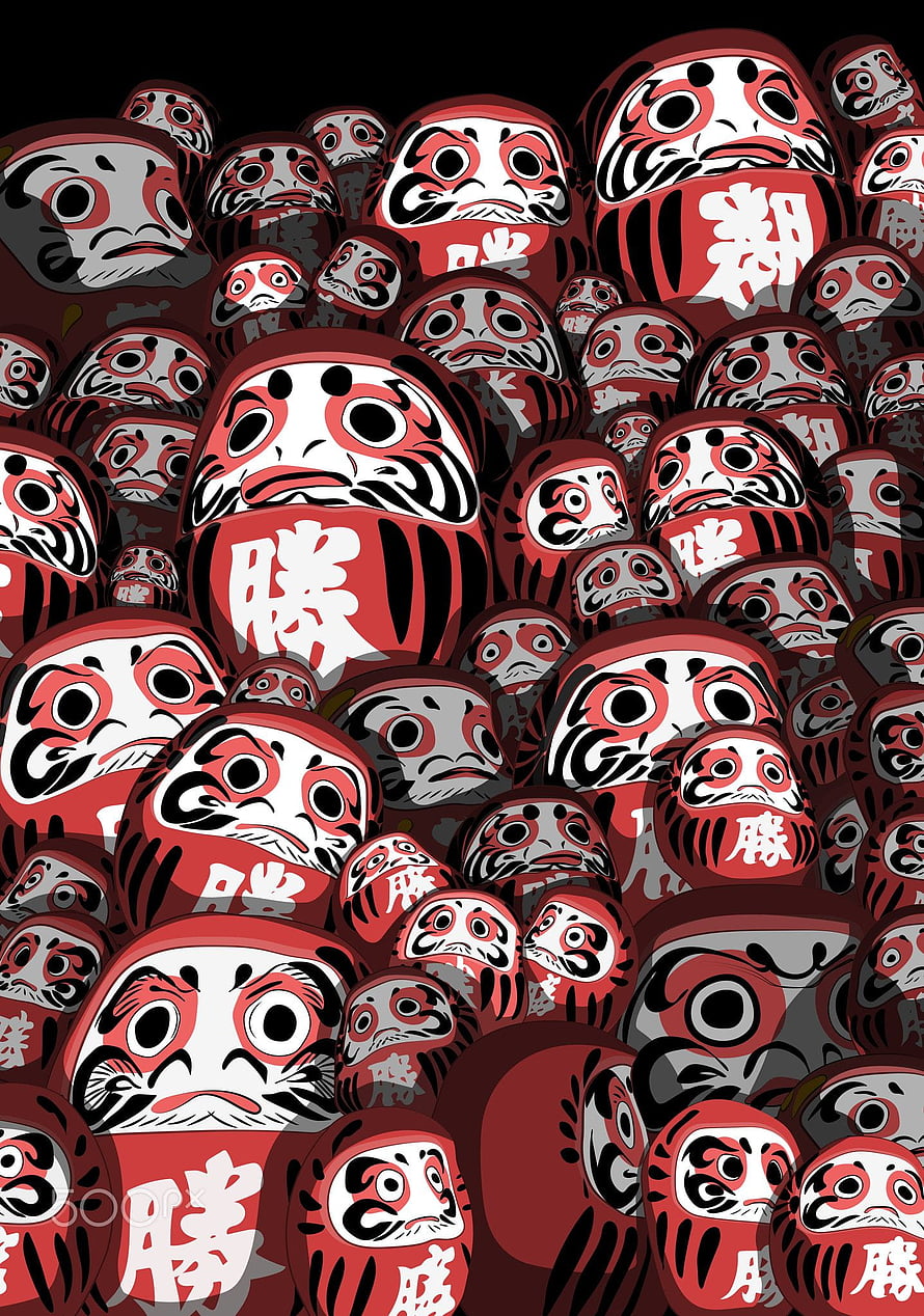 Daruma Dolls Japanese Folk Art Illustration with Red and Black Kanji Characters HD phone wallpaper