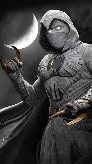 Moon Knight holding crescent moon blades under a full moon in a dark monochrome digital art style HD phone wallpaper