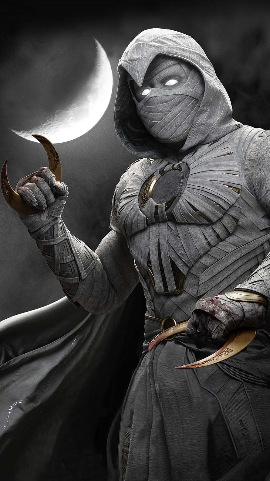 Moon Knight holding crescent moon blades under a full moon in a dark monochrome digital art style HD phone wallpaper