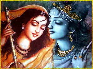 Krishna and Radha Devotional Portrait with Flute and Ornate Jewelry HD wallpaper
