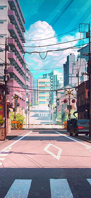 Anime Japanese City Street with Railway Crossing and Blue Sky HD phone wallpaper