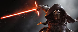 Kylo Ren Wielding Crossguard Lightsaber in Dark Cinematic Scene HD wallpaper