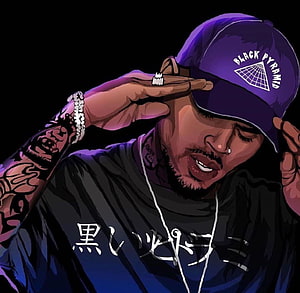 Chris Brown Digital Art Portrait Wearing Black Pyramid Cap and Tattoos HD wallpaper