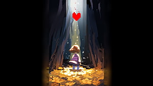 Frisk from Undertale standing in a dark forest with a glowing pixel heart above HD wallpaper