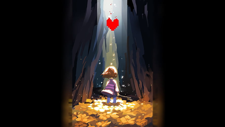 Frisk from Undertale standing in a dark forest with a glowing pixel heart above HD wallpaper