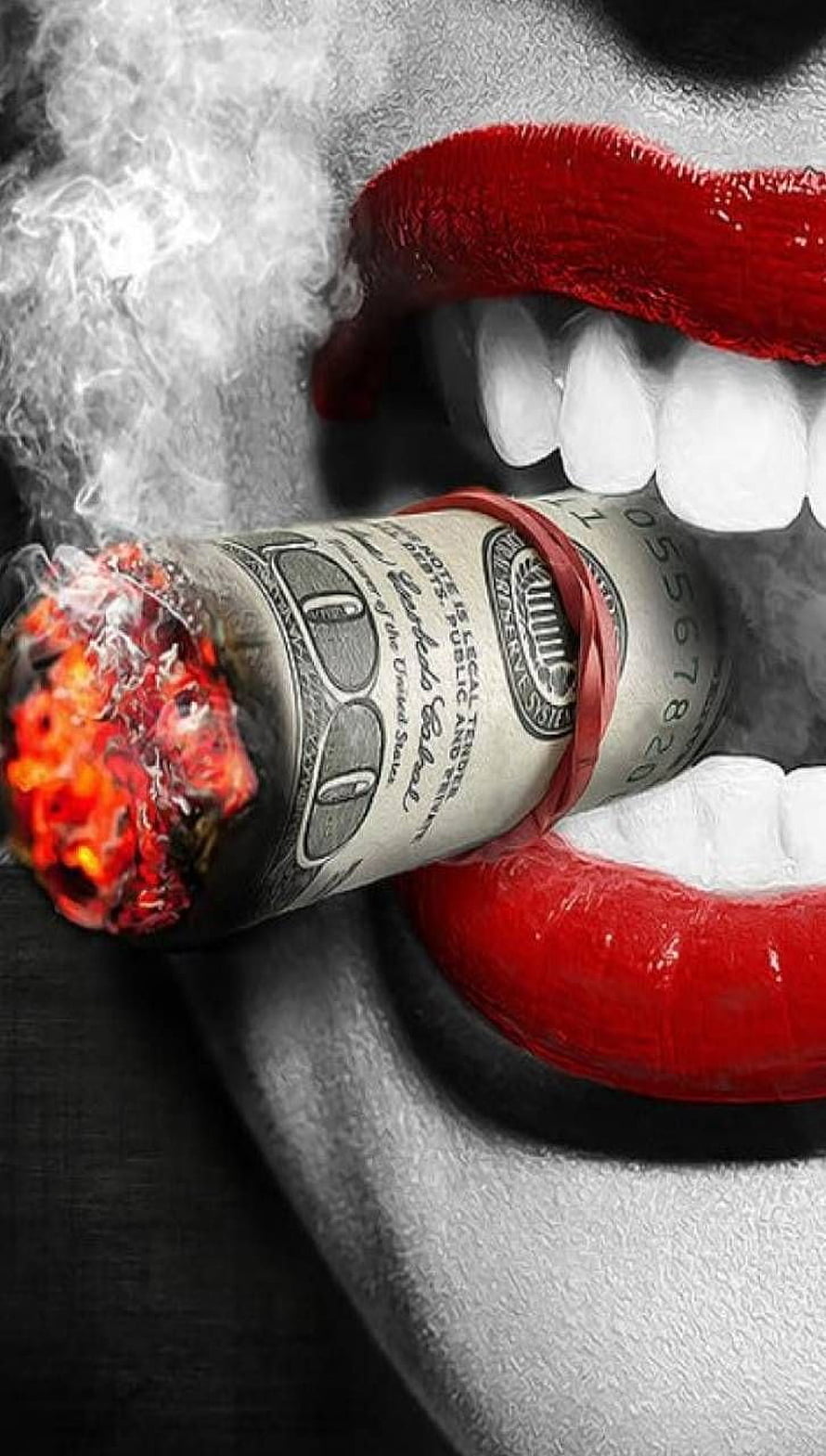Red Lips Smoking Cigar Made of Burning Dollar Bills HD phone wallpaper