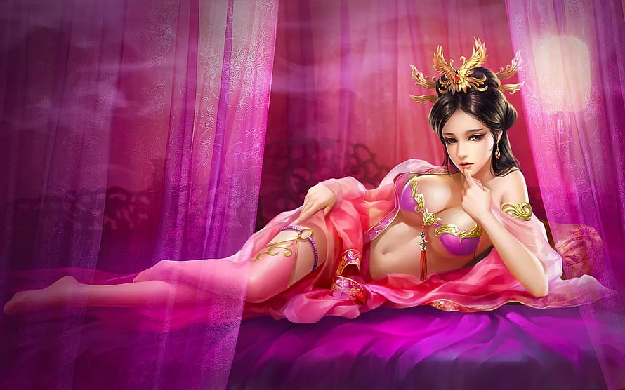 Elegant Fantasy Woman in Pink Silk with Golden Phoenix Crown HD wallpaper