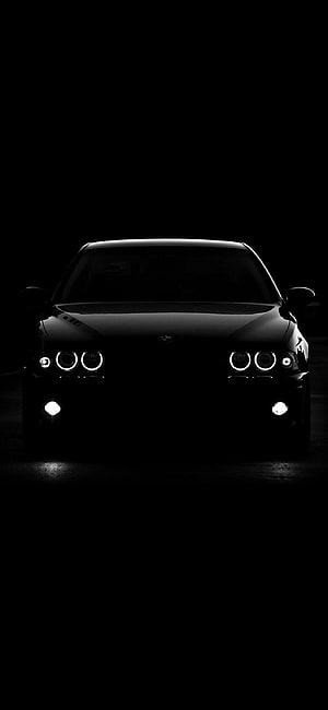 Black BMW M3 E46 Front View with Angel Eyes Headlights in Dark Night Setting HD phone wallpaper