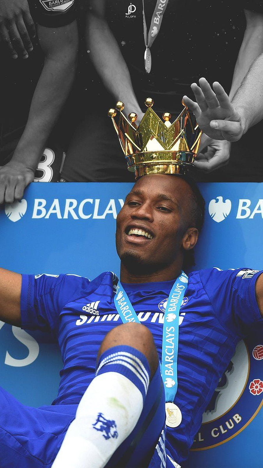 Didier Drogba Celebrating with Premier League Trophy and Gold Crown HD phone wallpaper