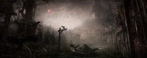 Dark Fantasy Ruined Village with Crows and Red Moon in Misty Atmosphere HD wallpaper