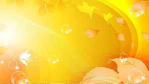Vibrant Yellow Abstract Floral Design with Birds and Bubbles HD wallpaper