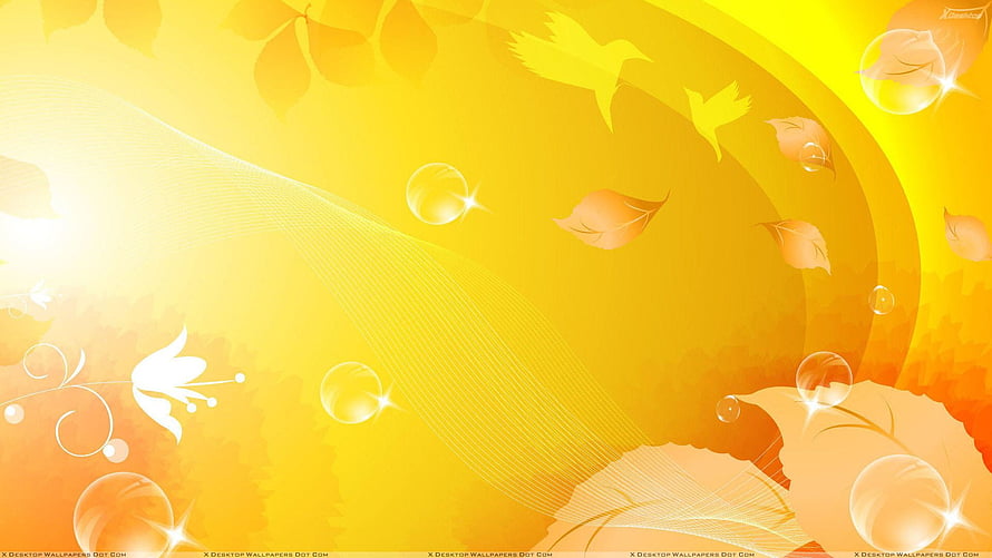 Vibrant Yellow Abstract Floral Design with Birds and Bubbles HD wallpaper