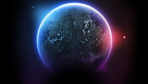 Vibrant Planet with Neon Blue and Red Atmospheric Glow in Deep Space HD wallpaper
